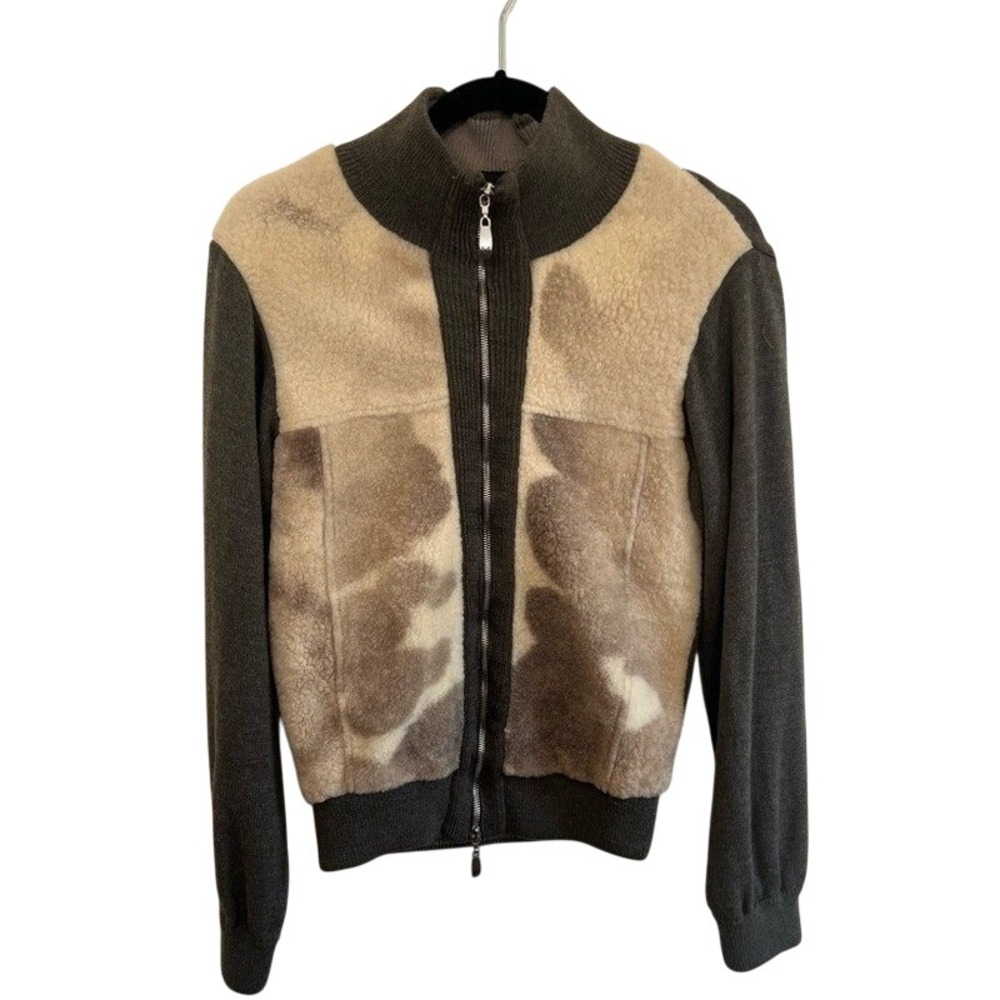 Mondi Men Italy Merino Wool Leather Shearling Full Zip Sweater Jacket Green M